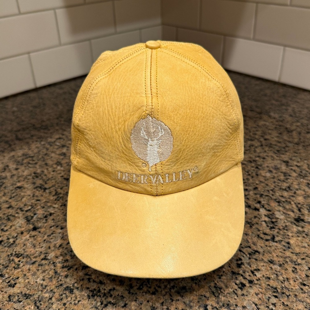 Vtg DEER VALLEY Ski Resort Leather Hat Adjustable Tan Made in USA